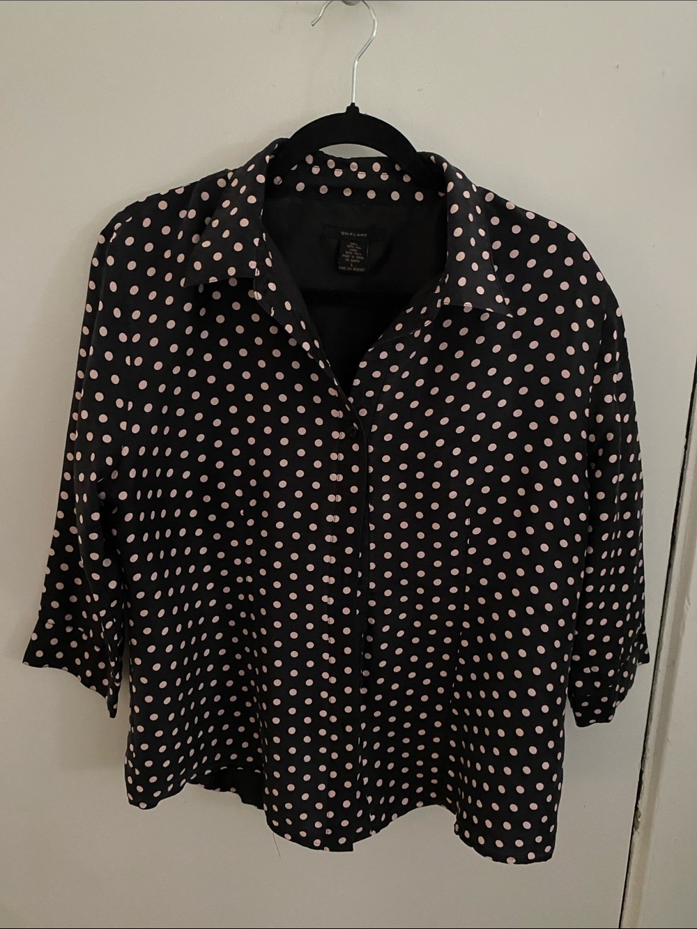 SilkLand Black Button-Down Shirt with Light Pink Polka Dots